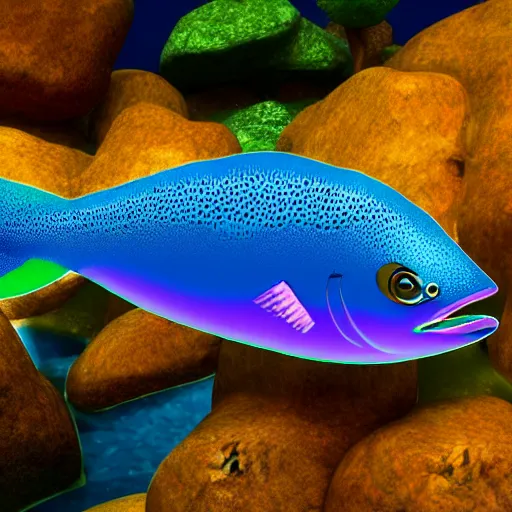 Image similar to 3 d render of a cute trout with a shakespearian collar in an aquarium on a dark blue background, digital art