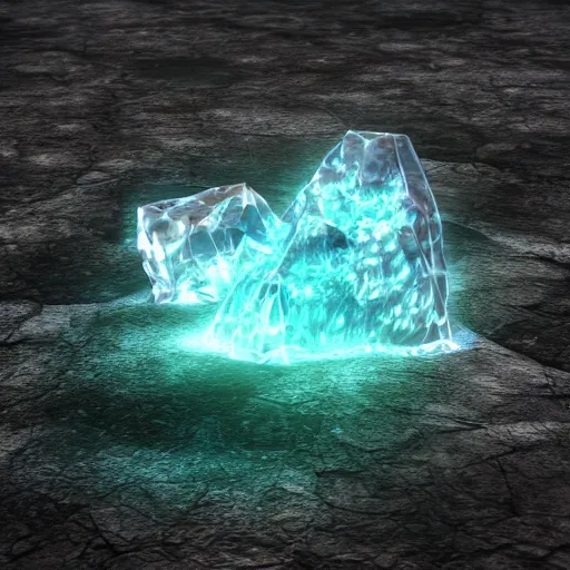 Image similar to subtle glowing crystal, 3d render, resting on the ground of a cerulean cave, walls of ice and bone, realistic, anime inspired, high octant render, smooth lighting,