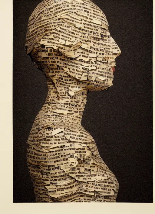 Image similar to a woman's face in profile, made of pages skeleton, in the style of the Dutch masters and Gregory Crewdson, dark and moody