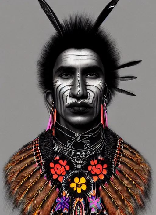 Image similar to portrait of an indigenous man with a crooked nose and a confident expression, 1 9 6 0 s, black clothes, goth, punk, brightly coloured hair, funk, intricate, elegant, highly detailed, digital painting, artstation, concept art, smooth, sharp focus, illustration, art by wlop, mars ravelo and greg rutkowski