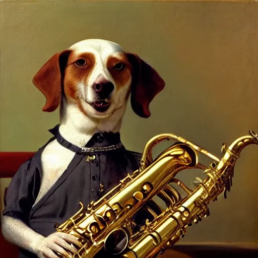 Image similar to a dog plays the saxophone, oil on canvas, 1 8 8 3, highly detailed