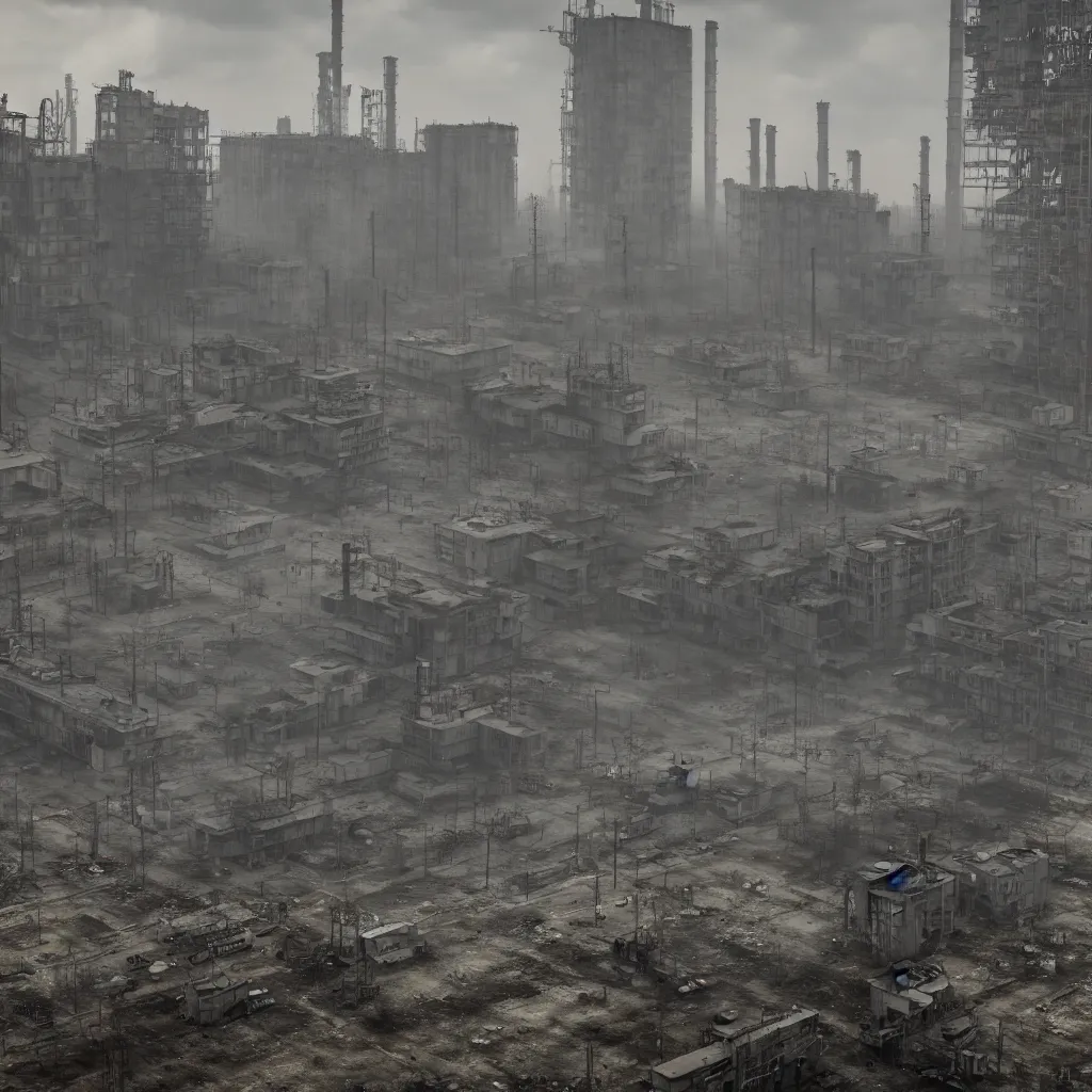 Prompt: high pollution, pripyat, chernobyl, people with gas masks, soviet brutalism, dieselpunk, industrial, futuristic, very detailed, diesel, 4 k