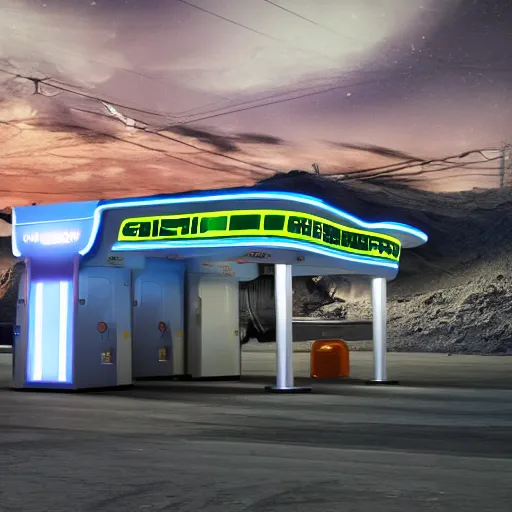 Image similar to sci - fi gas station and glowing white clean sci - fi fission power container, a sense of hope and optimism, hyper realistic, high res, 4 k, harsh light, edouard groult, bynde, kirill leonov, isaac zuren