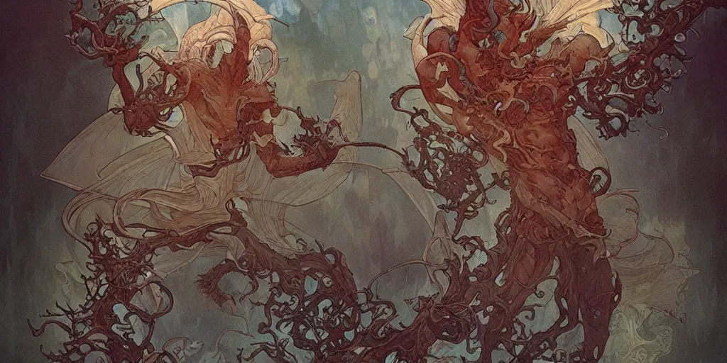 Prompt: epic concept illustration of a fungus demon, by james jean, by artgerm and greg rutkowski and alphonse mucha. uhd, amazing depth, cinematic lighting, glossy wet levitating floating fungus god with arms outstretched.