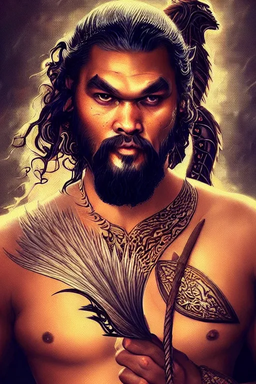 Prompt: beautiful, ethereal khal drogo ( jason momoa ) portrait, intricate art deco dragon designs, elegant, highly detailed burning background, sharp focus, game of thrones art by artgerm and beeple and greg rutkowski and wlop