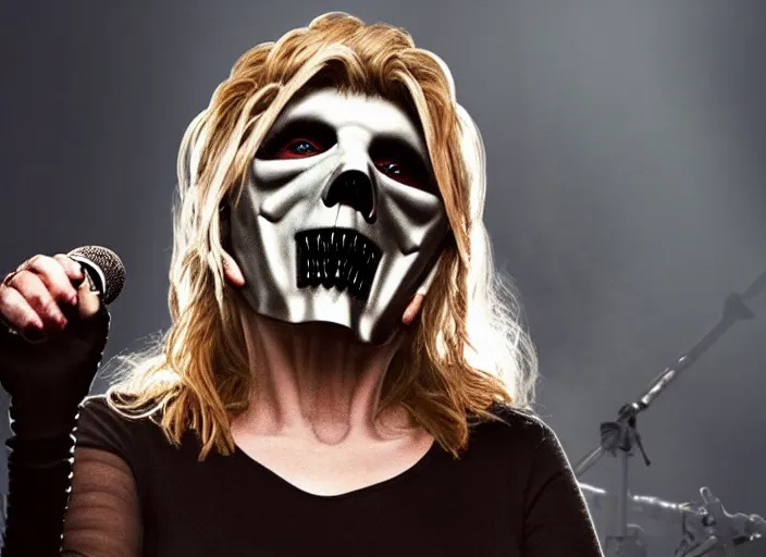 Prompt: publicity photo still of martha stewart in slipknot playing live on stage, 8 k, live concert lighting, mid shot