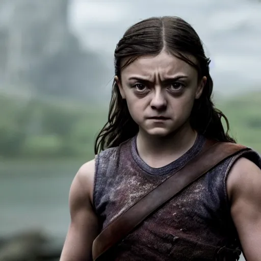 Image similar to muscular young arya stark showing her abs, glisten, high resolution, hard light, cnn, afp, reuters