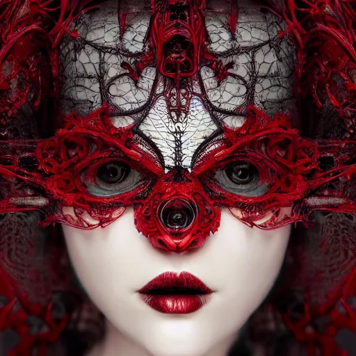 Prompt: a female model by stefan geselle and nekro borja, photorealistic, biomechanical, red lace, intricate details, hyper realistic, ornate headpiece, dark beauty, photorealistic, canon r 3, photography, wide shot, photography, dark beauty, symmetrical features