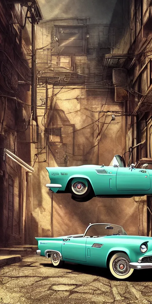 Prompt: a wholesome animation key shot of a focused old 1955 Ford Thunderbird car parked in an abandoned alleyway, medium shot, waist up, studio Ghibli, Pixar and Disney animation, sharp, very detailed, high resolution, Rendered in Unreal Engine 5, anime key art by Greg Rutkowski, Bloom, dramatic lighting