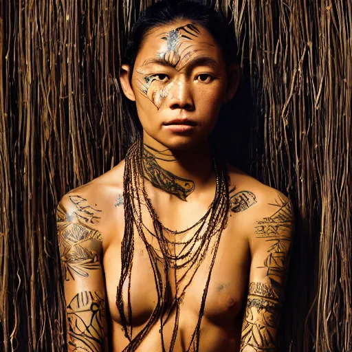 Image similar to A perfect pacific islander female goddess stands for a waist up portrait with her body sightly wrapped in thin gold wire creatively arranged so as to look like Borneo tattoos, in an abandoned barn, hyper photo realistic 8K HD HDRI, photo by Annie Leibovitz.