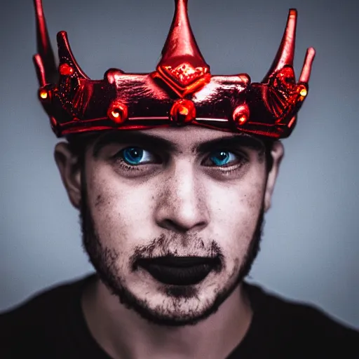 Image similar to man with a crown, smirk, photograph, black backgrounds, glowing red eyes, dark, horror