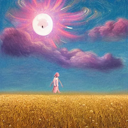 Image similar to giant daisy flower as a head, girl walking in wheat field, hills, surreal photography, moon light, dark night, star trails, dramatic light, impressionist painting, clouds, digital painting, artstation, simon stalenhag