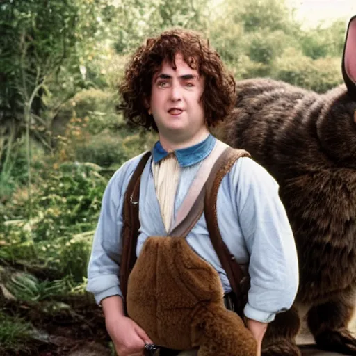 Prompt: clean shaven pudgy British lad with short curly dark brown hair as a hobbit wearing a white men's crossbody sling chest bag and blue vest standing next to a giant rabbit, high resolution film still, movie by Peter Jackson