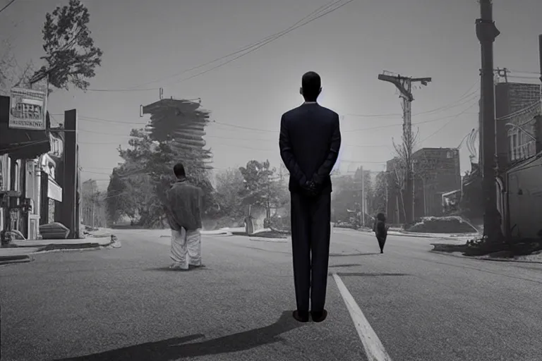 Image similar to Mysterious man standing in the middle of a sci-fi street photo by Gregory Crewdson, it\'s a city on the Moon