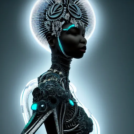 Image similar to portrait of an absurdly beautiful, graceful, sophisticated, fashionable black cyberpunk mechanoid gravure idol, hyperdetailed illustration by irakli nadar, alek wek, matt wisniewski style, intricate linework, dark skin, neon jellyfish headdress, intricate ivory carved ruff, unreal engine 5 highly rendered, global illumination, radiant light, detailed and intricate environment