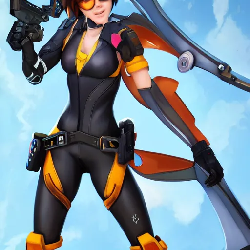 Prompt: Tracer from Overwatch, dressed as a ninja, jumping across rooftops, trending on artstation, highly detailed, 8k, art by artgerm.