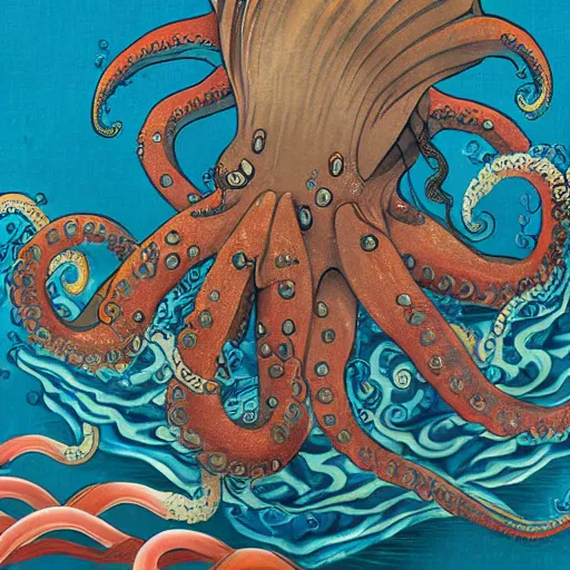 Image similar to photorealistic highly detailed japanese ancient art style painting of giant octopus sinking a ww2 battleship clutching in tentacles