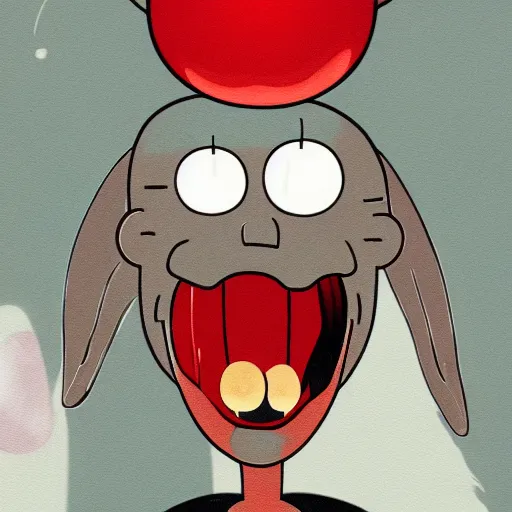 Prompt: grunge painting of bugs bunny with a wide smile and a red balloon screenshot from rick and morty, creepy lighting, horror theme, detailed, elegant, intricate, conceptual