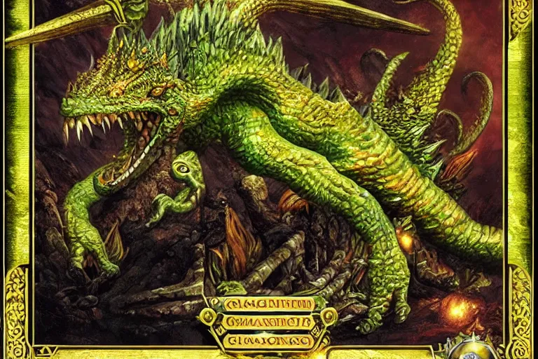 Prompt: a giant monster epic royal stone basilisk, gold green creature, magic : the gathering