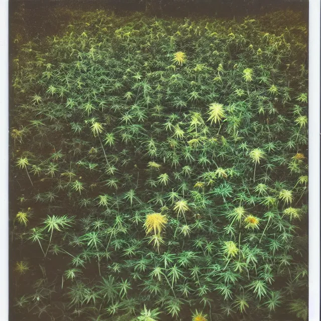 Prompt: very beautiful polaroid photo of a cannabis meadow near a pond on a clear day with a rainbow