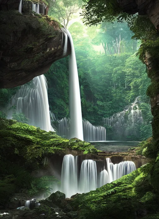 Image similar to beautiful big house in the forest, a big waterfall flows down from the mountain, vector art, octane render, fabulous, hyper detailed, random cinematic view, no noise, global illumination, warm lighting, volumetric, godrays, vivid, beautiful, by jordan grimmer