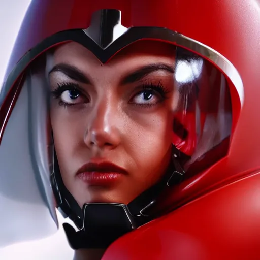 Prompt: headshot of an beautiful female soldier in glossy sleek primarily white armor with tiny red details and a long red cape, upward angle, determined expression, no helmet, on the surface of mars, night time, cinematic, sci-fi, hyperrealistic