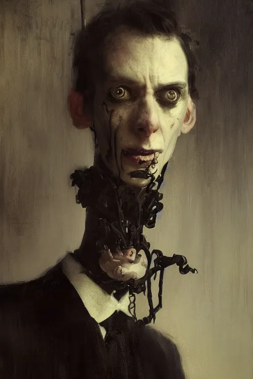 Image similar to detailed cinematic moody colors studio portrait of a possessed young victorian gentleman being controlled like a puppet, creepy evil vibe, high quality by jeremy mann, only one head single portrait