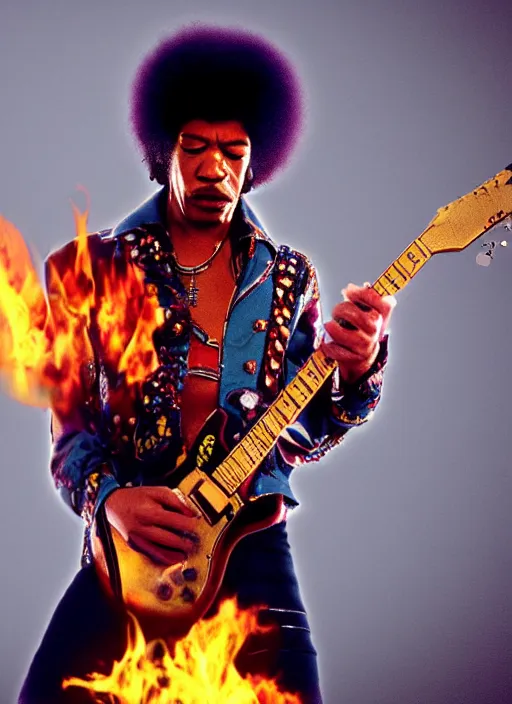 Image similar to jimi hendrix setting his guitar on fire on stage, photorealistic, 8 k resolution, octane render