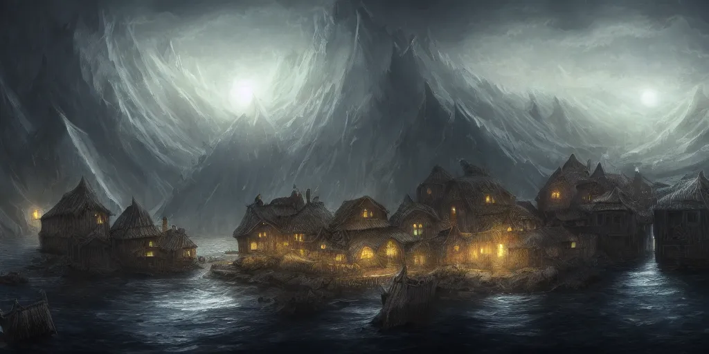 Image similar to village on top of the ocean, high fantasy, dark environment, elegant, highly detailed, digital painting