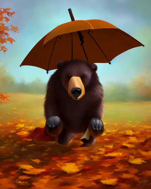 Image similar to autumn a bear with an umbrella by samuel smith trending on artstation