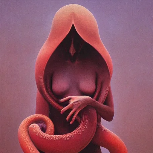 Image similar to clothed woman with tentacles as appendages, painting by Zdzislaw Beksinski and Marat Safin