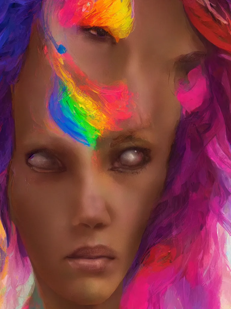 Image similar to close up portrait of beautiful rainbow woman by disney concept artists, blunt borders, rule of thirds
