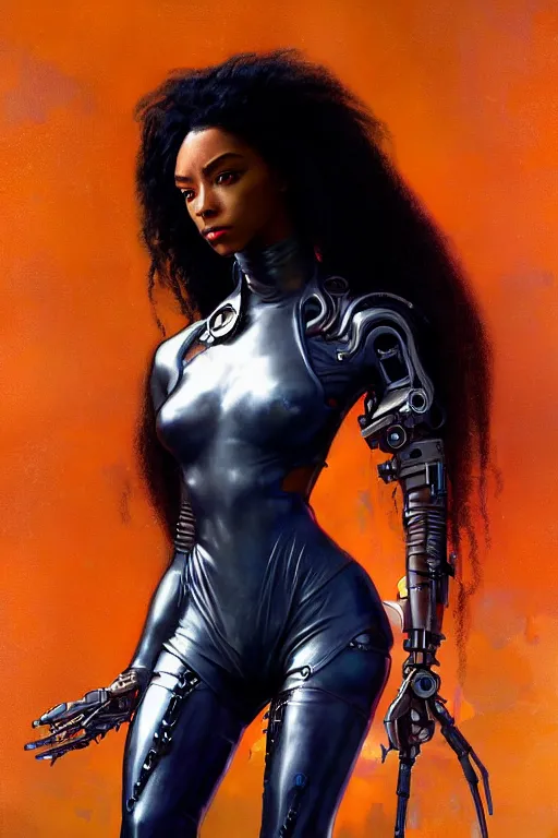 Image similar to cyberpunk normani as aeon flux profile picture by greg rutkowski, dynamic pose, intricate, futuristic, fantasy, elegant, by stanley artgerm lau, greg rutkowski, thomas kindkade, alphonse mucha, loish, norman rockwell, metal chrome, shiny, rainy background, asymmetric, long afro hair,