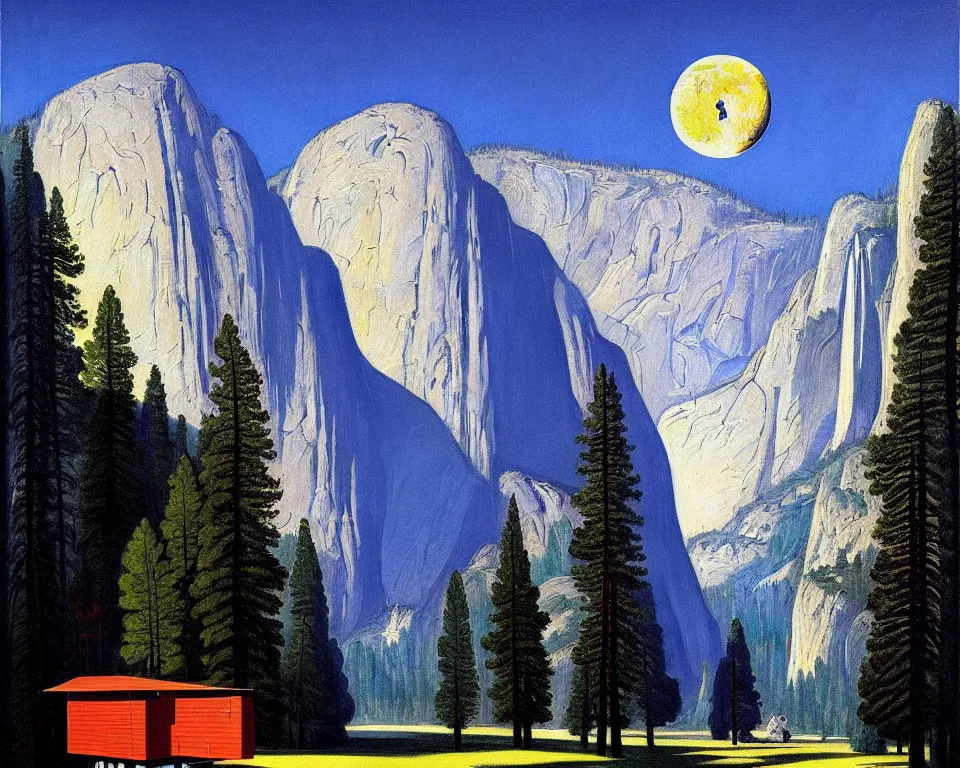 Prompt: an achingly beautiful print of the lunar module in the middle of Yosemite valley by Raphael, Hopper, and Rene Magritte. detailed, romantic, enchanting, trending on artstation.