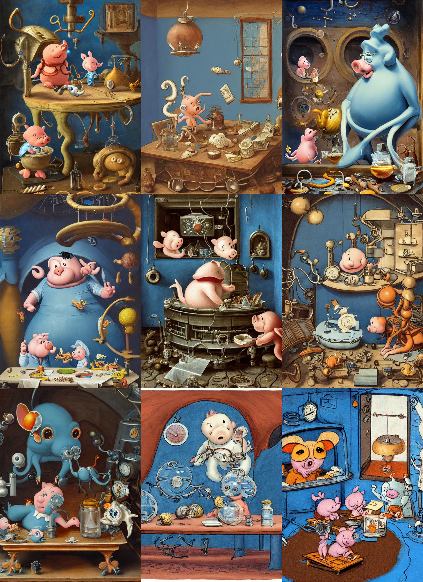Prompt: portly little squid - piglet - scientists enjoying a snack in a biomechanical space station, rococo, baroque, bucolic, comforting, american realist, cerulean blue and burnt sienna, atmospheric