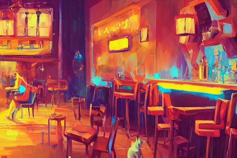 Image similar to a digital art of close up of a cat sits on a chair in a bar, animal, light effect, highly detailed, by anton fadeev