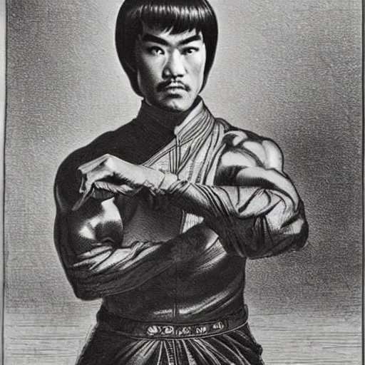 Prompt: engraving portrait of bruce lee in japanese armoury by gustave dore