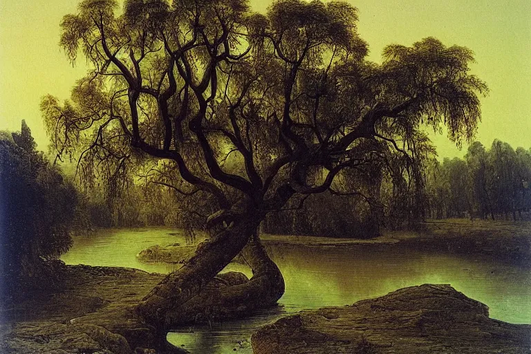 Image similar to painting of a old tree next to a meandering river by alexei savrasov