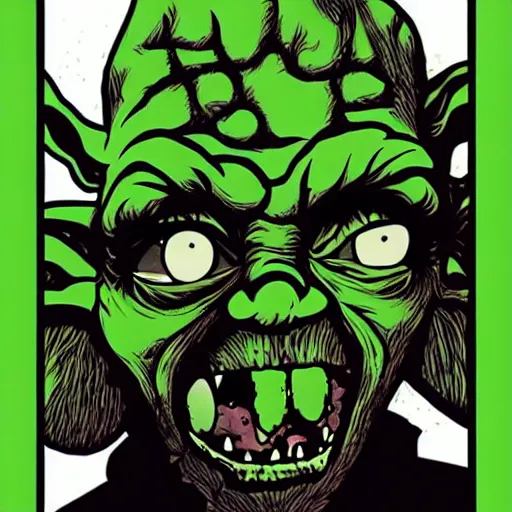 Image similar to zombie yoda, yoda as a zombie, laurie greasley, zombified, scary