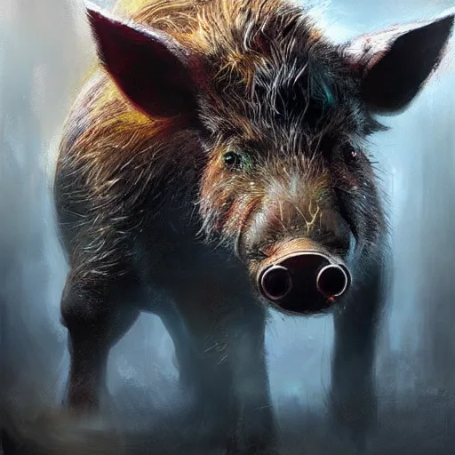 Prompt: stunning portrait of a wild boar, painting by Raymond Swanland, cyberpunk, sci-fi cybernetic implants hq