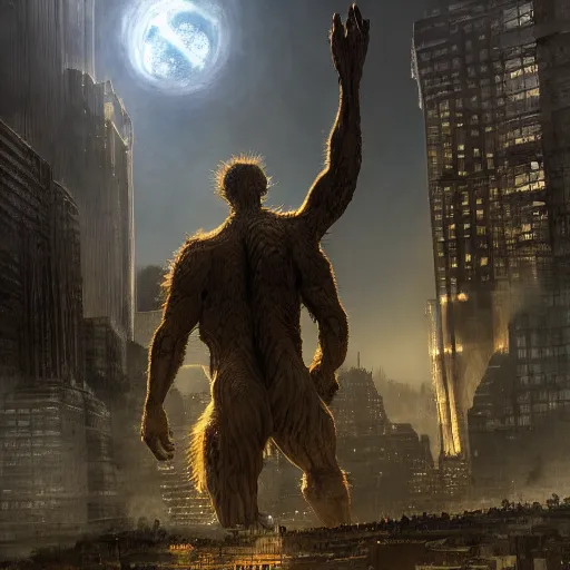 Image similar to enormous creature looming above a city, seen from a distance, volumetric lighting, 8 k octane beautifully detailed render, post - processing, extremely hyper - detailed, intricate, epic composition, cinematic lighting, masterpiece, trending on artstation, masterpiece, stunning art by anders zorn, wonderful masterpiece by greg rutkowski, beautiful cinematic