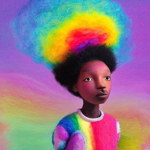 Image similar to a black girl with a colorful afro and rainbow eyes, in a candy forest! at night, bokeh, bright colours, watercolor, volumetric wool felting, macro photography, children illustration, by goro fujita