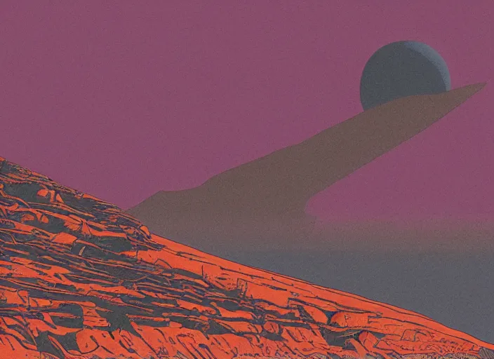Prompt: Flat illustration of an alien landscape, concept art, Jean Giraud