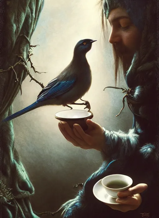 Image similar to a bird holds a cup of tea in its hands, hyperrealism, no blur, 4 k resolution, ultra detailed, style of tyler edlin, tom bagshaw, arthur rackham, ivan shishkin