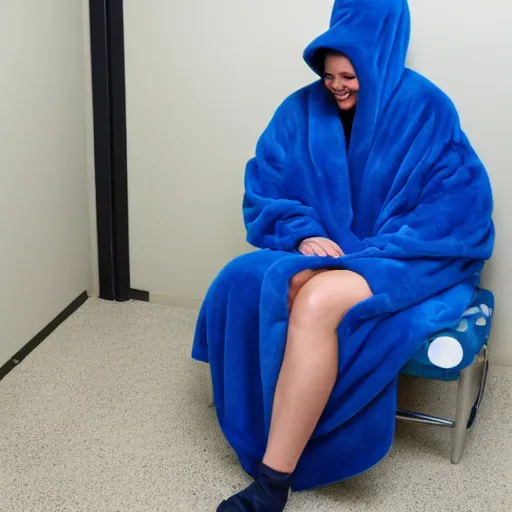 Image similar to Ghislane Maxwell wearing a blue Snuggie, sitting in a jail cell, she is laughing