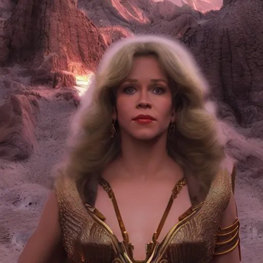 Image similar to young jane fonda as dejah thoris : : octane render, unreal engine 5, cinematic lighting