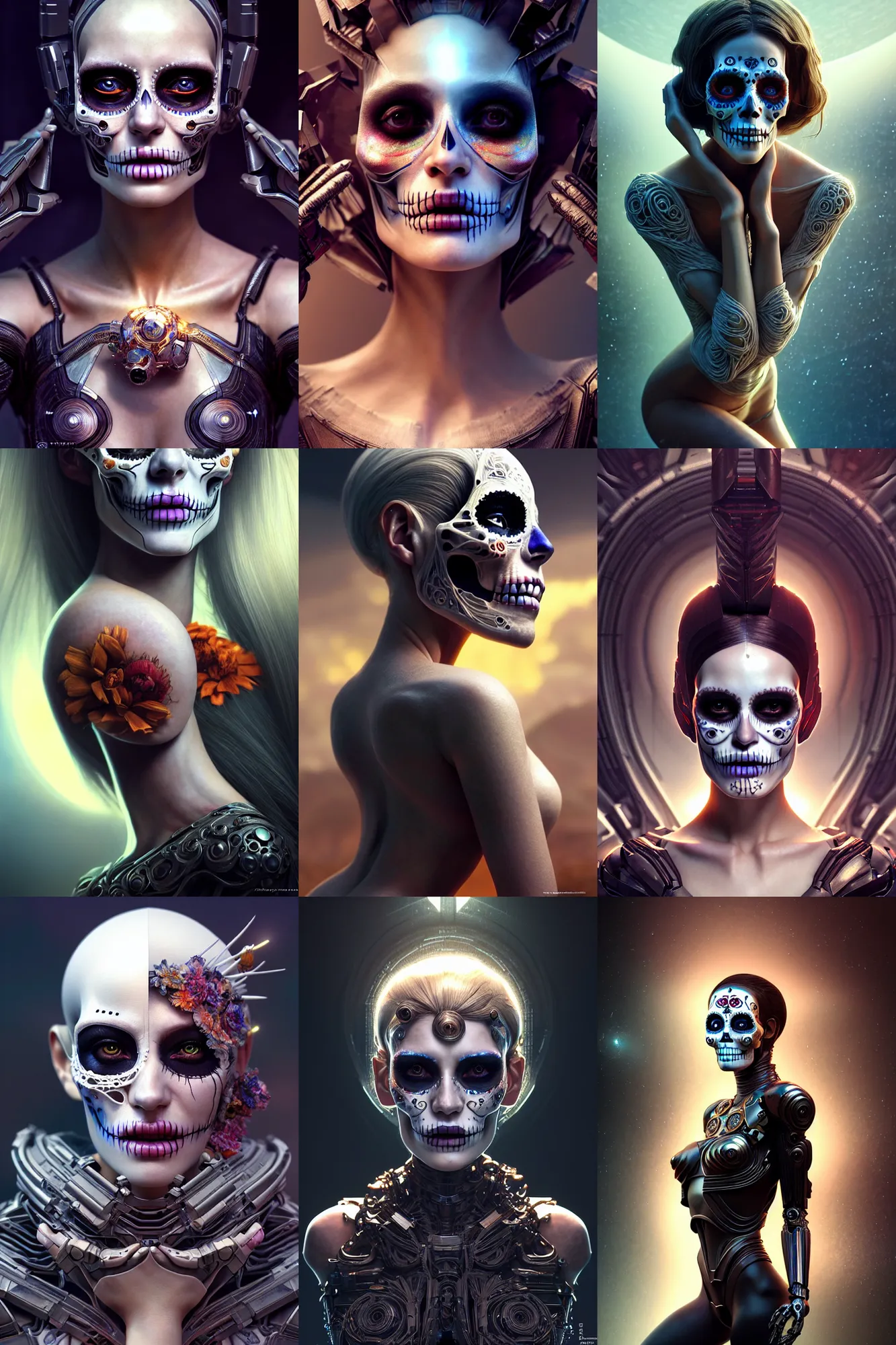 Prompt: crying! android! woman, octane render, fantasy, concept art, pose, photorealistic, cover shot, interstellar, intricate detailed environment. vogue, ( ( ( el dia los muertos ) ) ), 8 k, hd. by terry o'neill and artgerm and wlop and loish and rutkowski and mucha