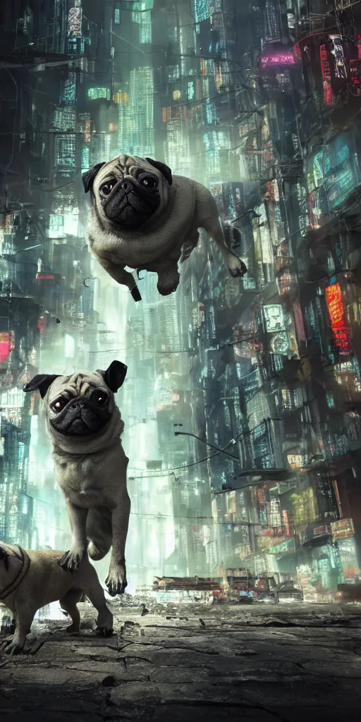 Image similar to an ancient pug destroying a dystopian city, cyberpunk, sharp focus, dynamic lights, still, photograph, hyper realistic, masterpiece, octane render, rendered, 3 d, cinematic, cinematic lighting, dramatic lighting, highly detailed, intricate details, texture, cinematic composition, wide shot, by donglu yu and kevin jick and eddie del rio