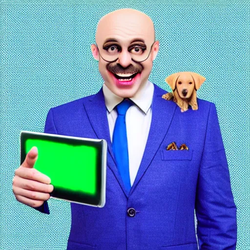 Prompt: Funny Realistic Bald Man is laughing wearing a blue suit and has a pyramidal mustache while hacking into a computer with his golden retriever, neon green glow background, hands fast typing on keyboard, matrix code background