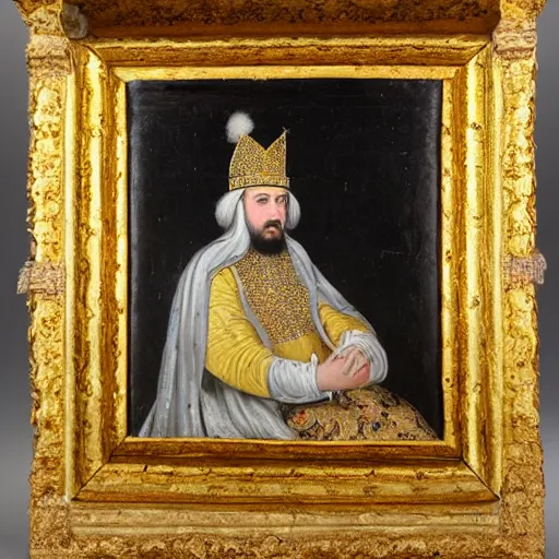 Prompt: a 1 7 th century oil painting of a middle eastern emperor dressed in white and gold garments on his throne with his head leaning on his fist while deep in thought, wearing a vibrant golden crown on his head, white background